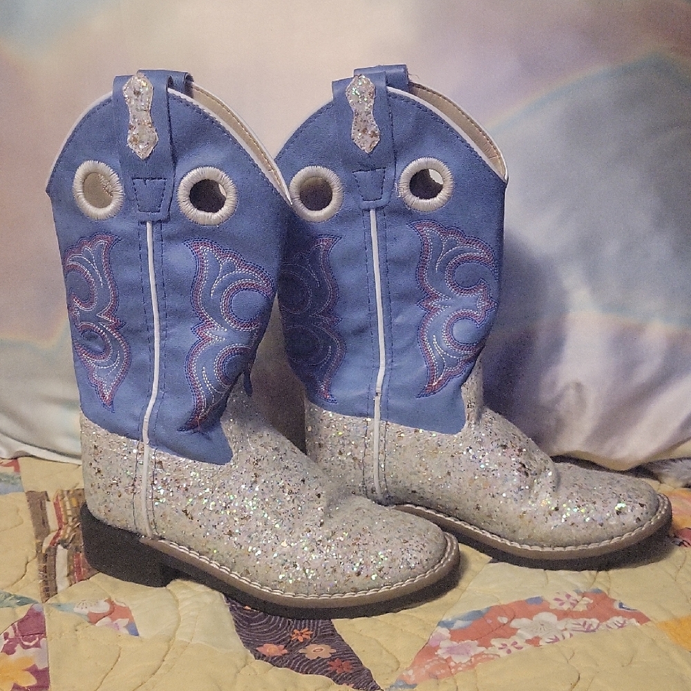 Old West Kid's Multi Glitter & Blue Boots Size 11.0-D